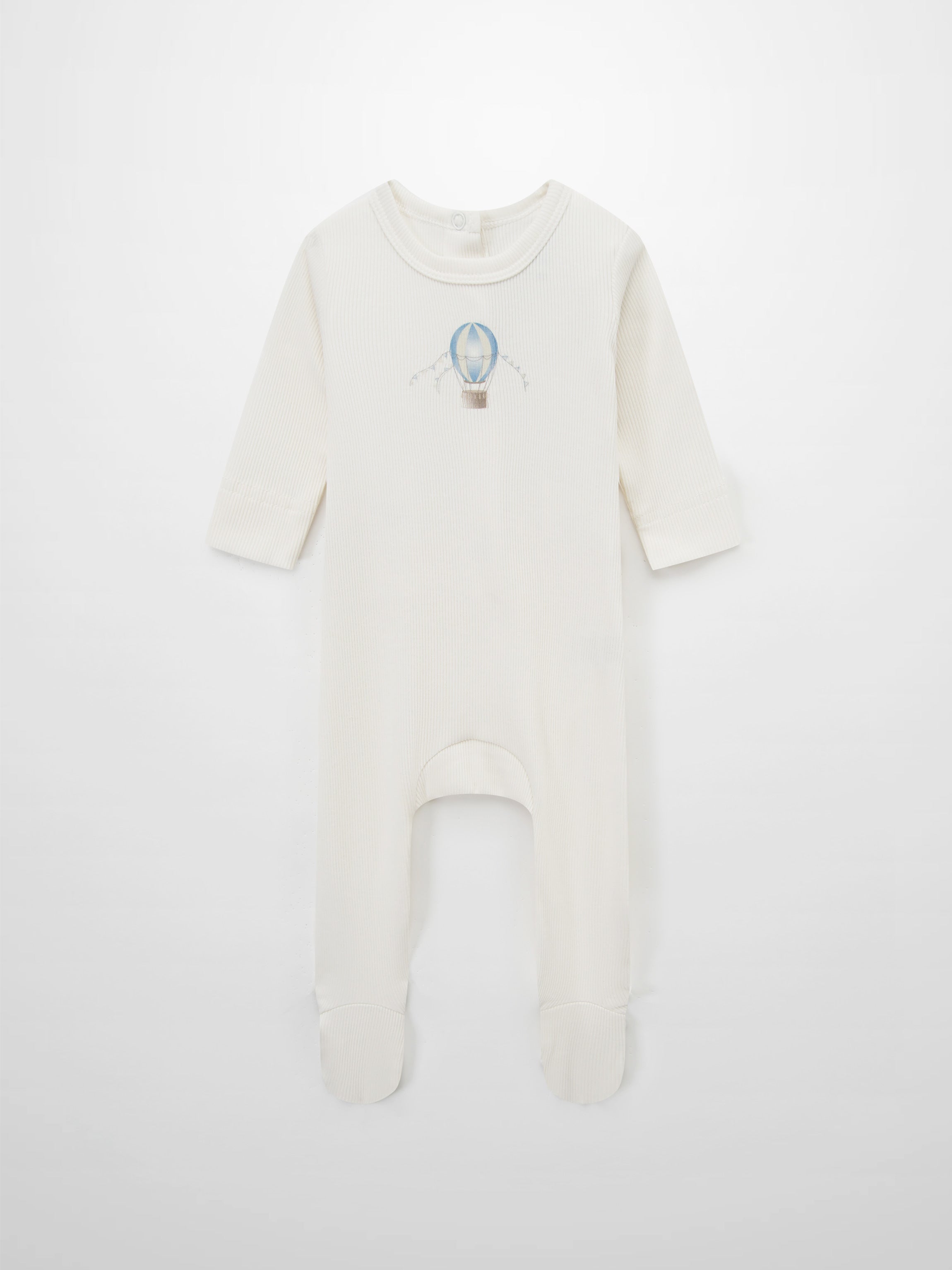 Blue Balloon Stretchy romper; cream ribbed fabric with footed long-sleeve design.