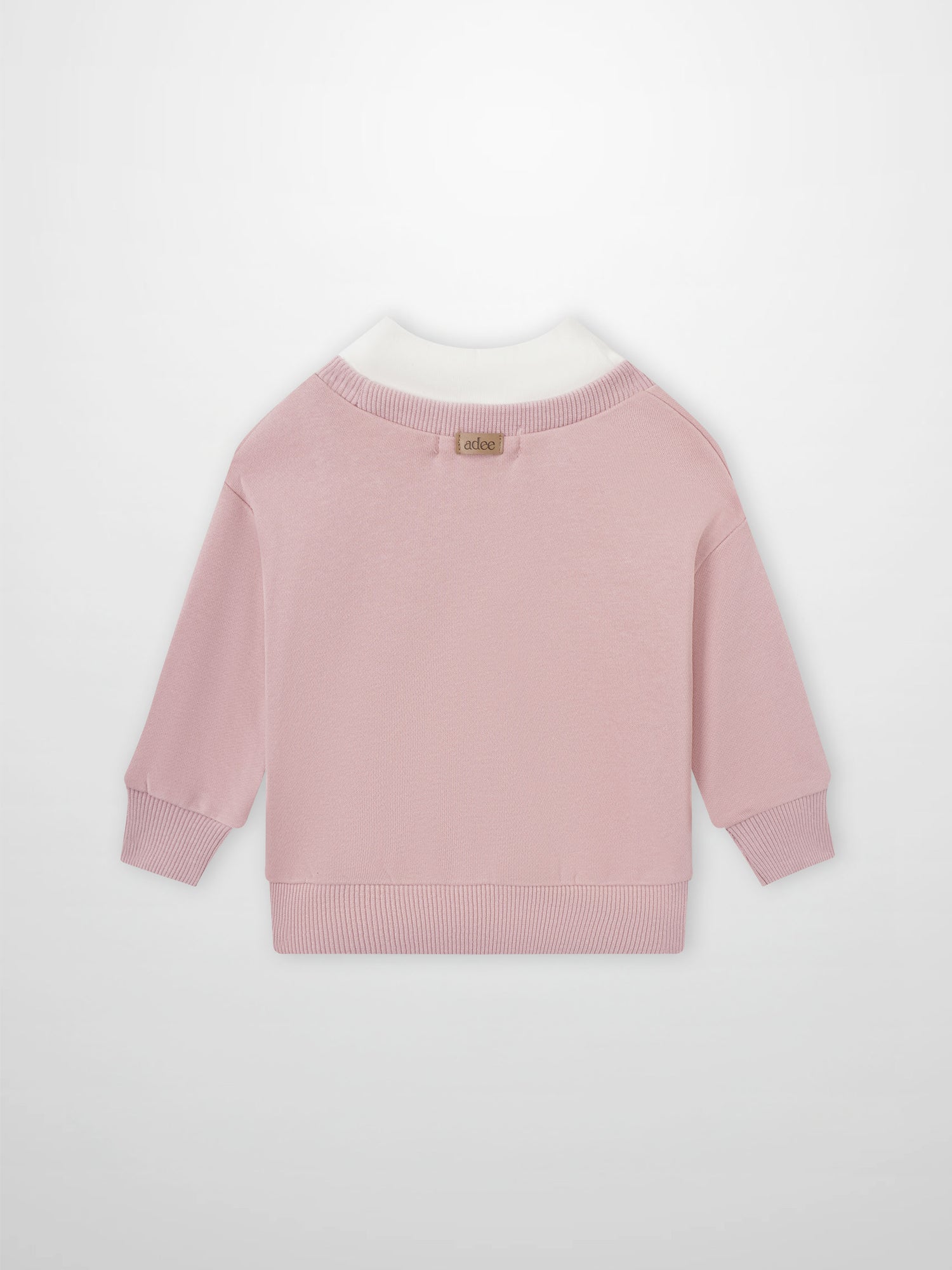 Contrast mock-neck pink sweatshirt for girls by Adee, with white collar trim and ribbed cuffs