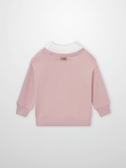 Contrast mock-neck pink sweatshirt for girls by Adee, with white collar trim and ribbed cuffs