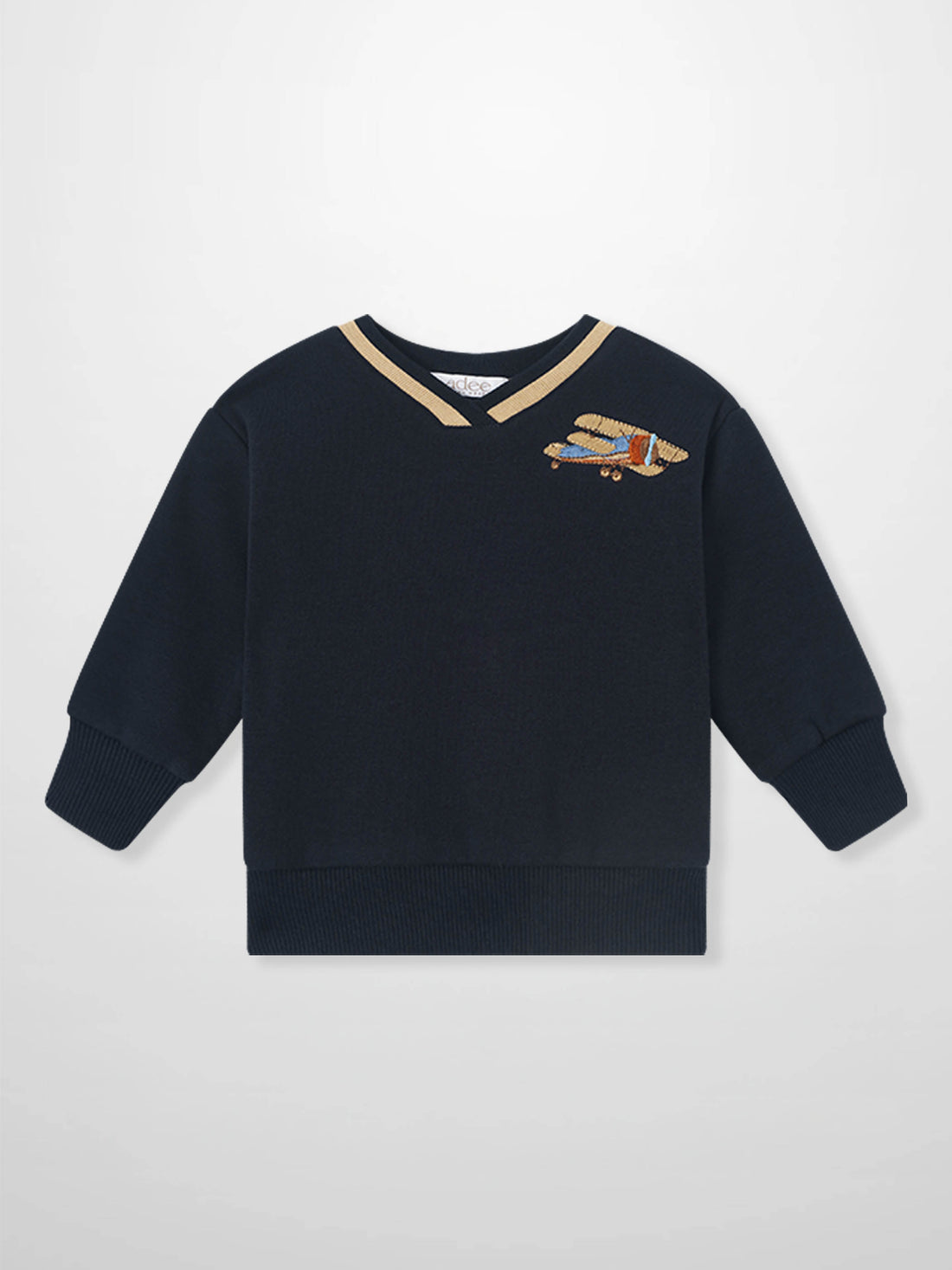 Adee Embroidered Jet Sweatshirt for boys; navy blue knit with tan V-neck stripe and aircraft embroidery on chest.