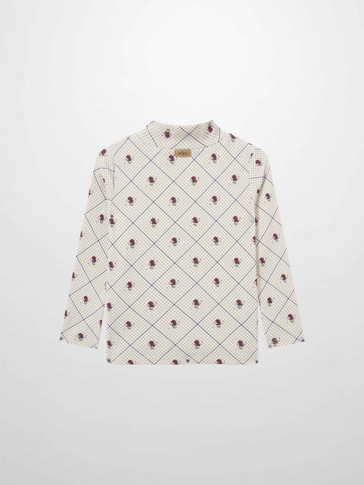 Cottage Rose Mock Neck T-Shirt for girls by Adee in cream with navy diamond grid and small rose motifs