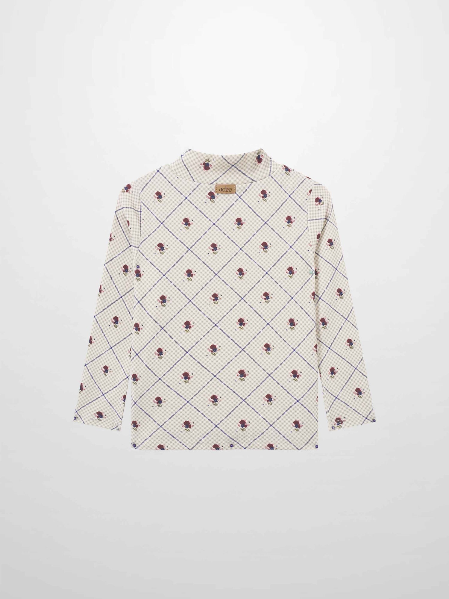 Cottage Rose Mock Neck T-Shirt for girls by Adee in cream with navy diamond grid and small rose motifs