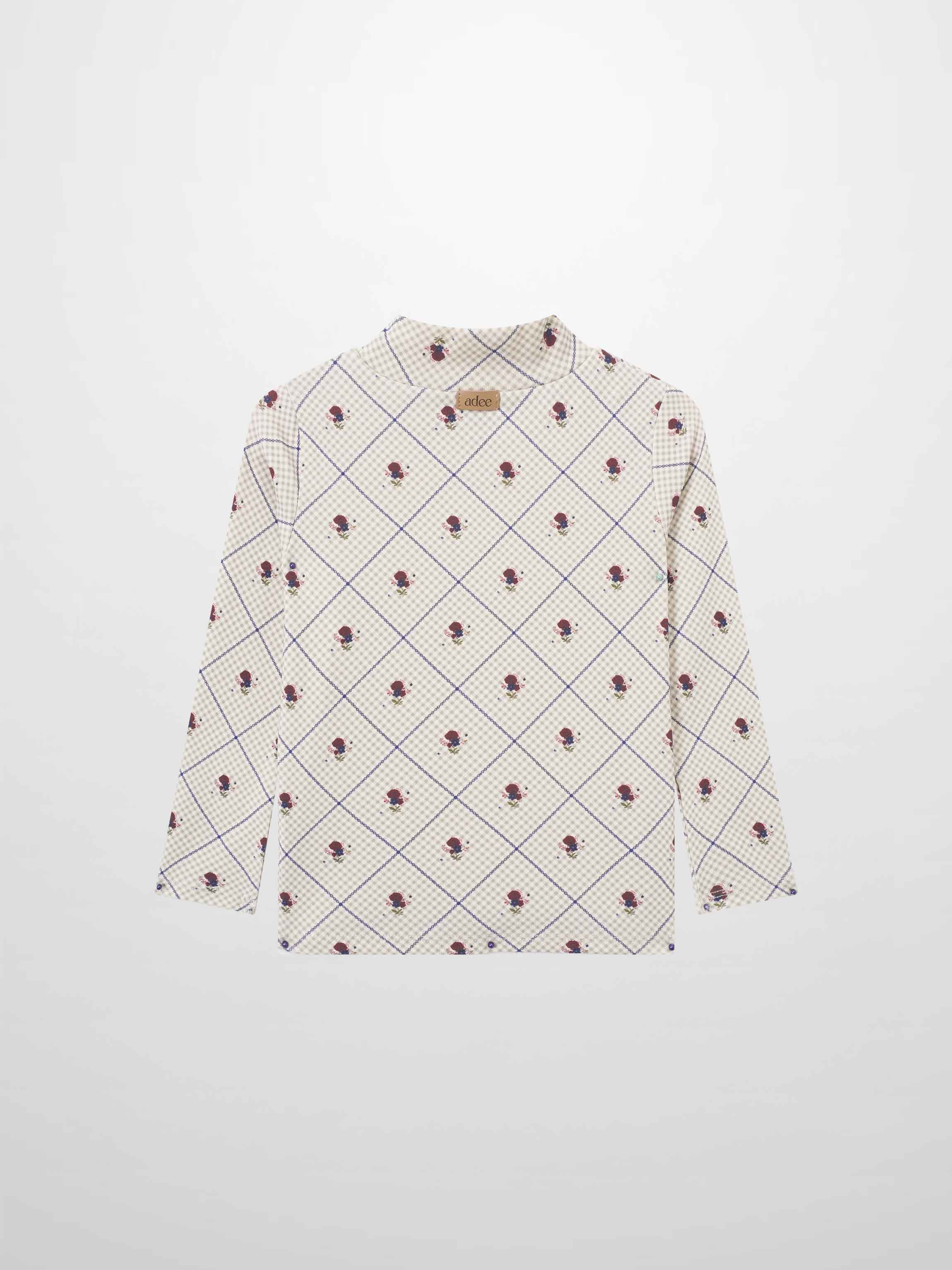 Cottage Rose Mock Neck T-Shirt for girls by Adee in cream with navy diamond grid and small rose motifs
