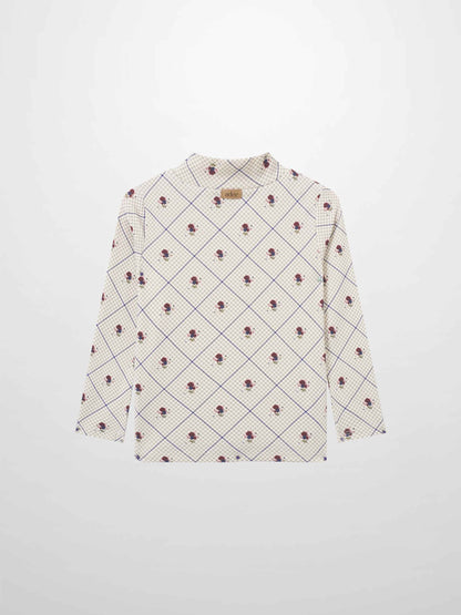 Cottage Rose Mock Neck T-Shirt for girls by Adee in cream with navy diamond grid and small rose motifs