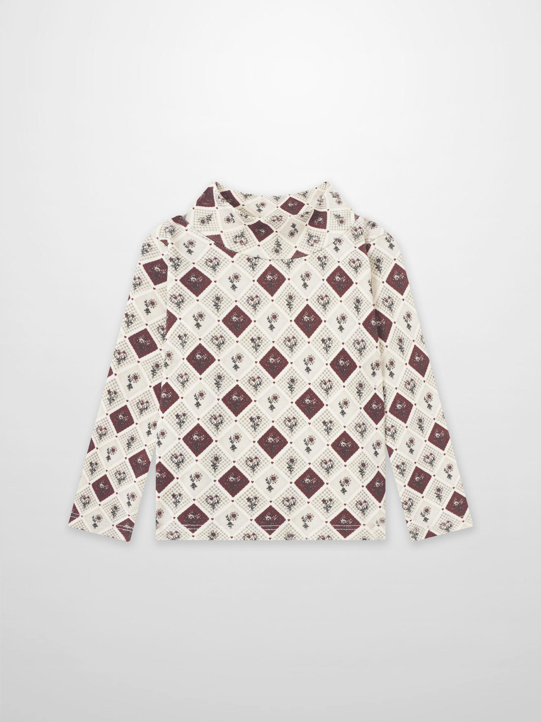 Mosaic Floral Mock Neck T-Shirt for girls, beige base with burgundy diamond floral pattern, long sleeves