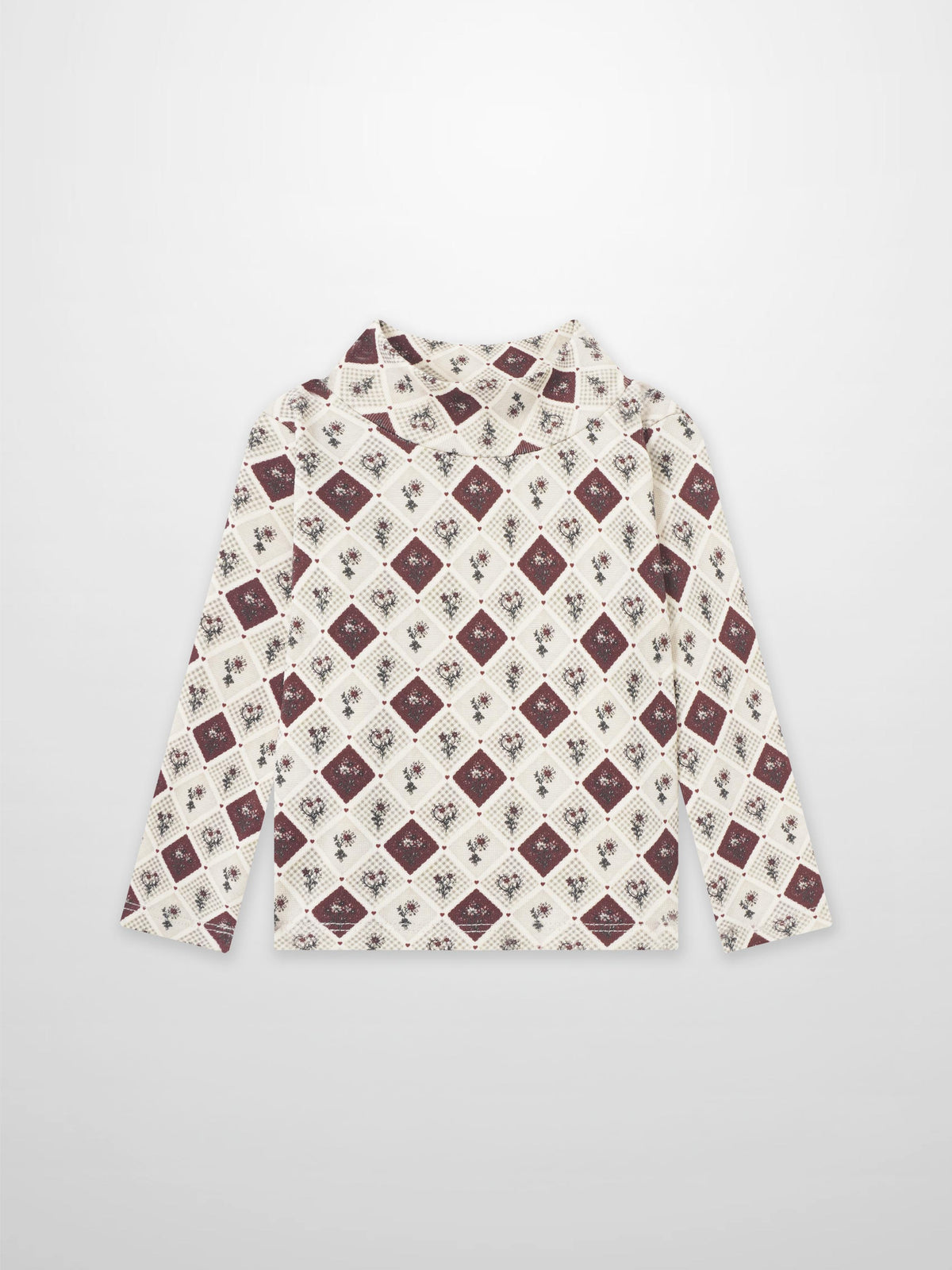 Mosaic Floral Mock Neck T-Shirt for girls, beige base with burgundy diamond floral pattern, long sleeves