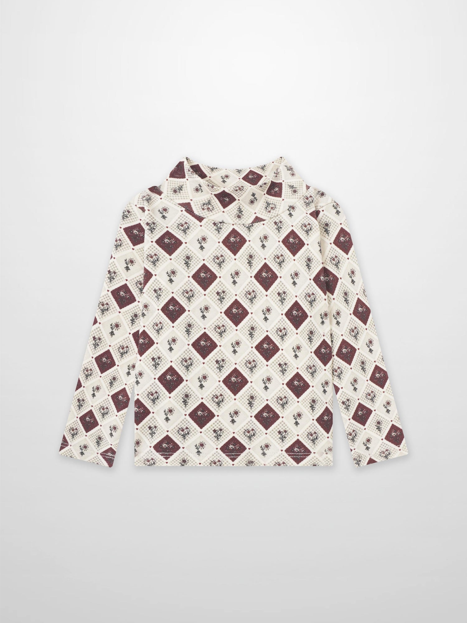 Mosaic Floral Mock Neck T-Shirt for girls, beige base with burgundy diamond floral pattern, long sleeves