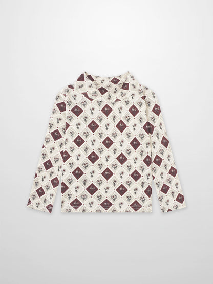 Mosaic Floral Mock Neck T-Shirt for girls, beige base with burgundy diamond floral pattern, long sleeves