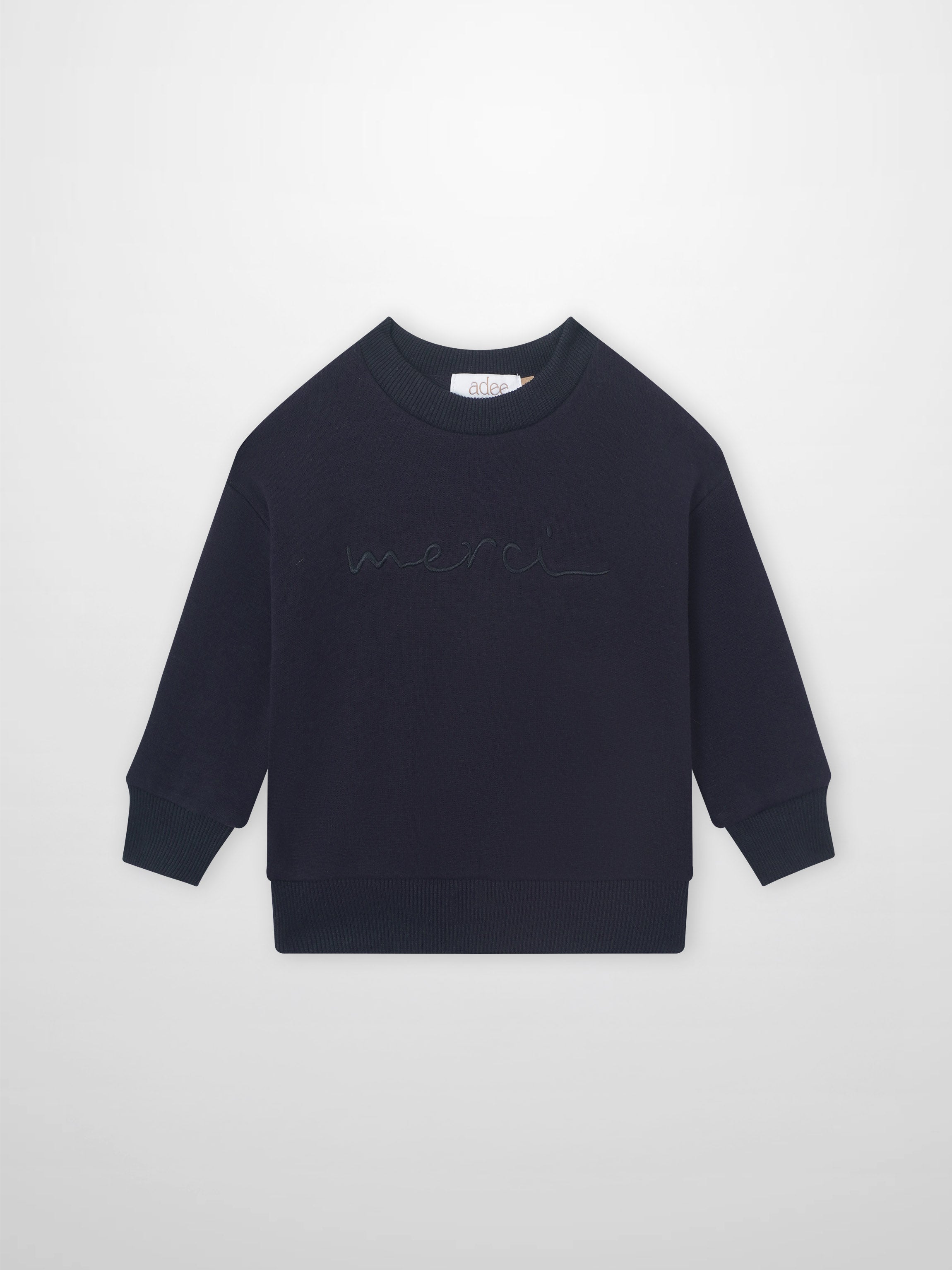 Merci Sweatshirt for boys in navy with embroidered script and Adee label.