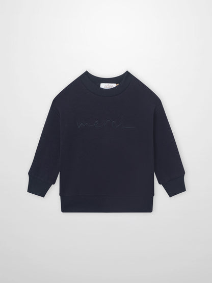 Merci Sweatshirt for boys in navy with embroidered script and Adee label.