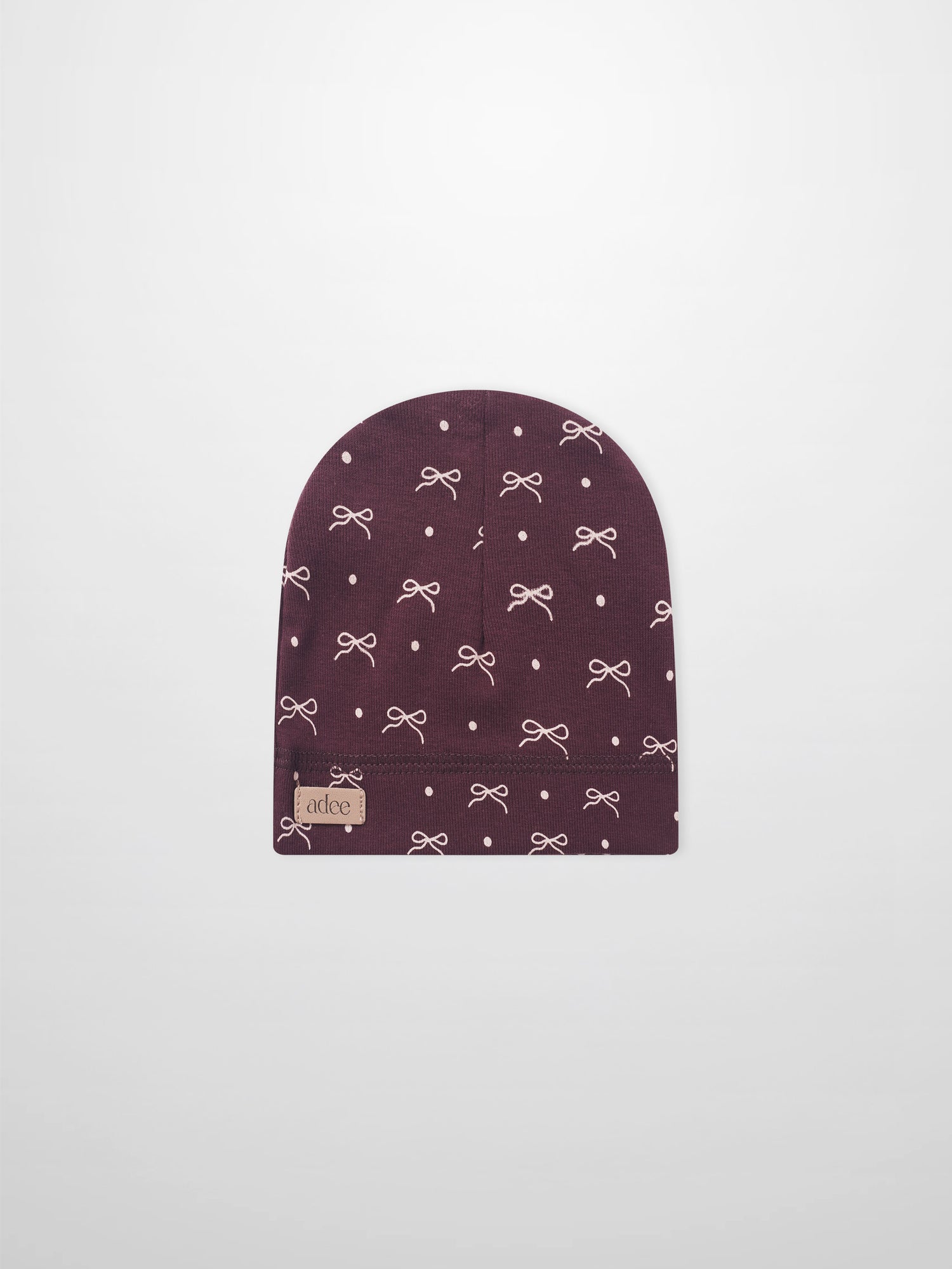 Burgundy bow hat for girls by Adee with white bow pattern