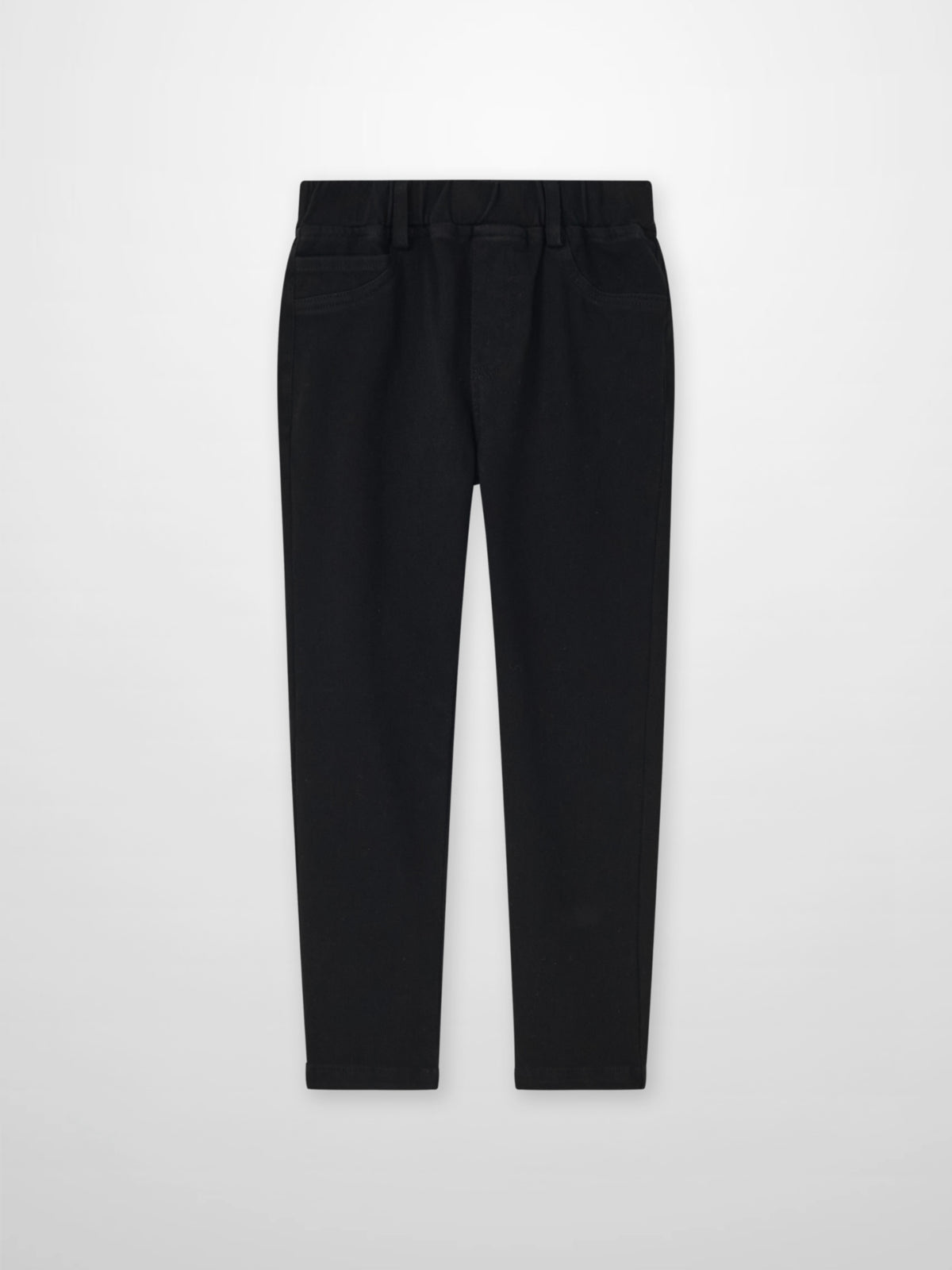 Adee Stretch Pants for boys in black with front pockets and an elastic waistband.