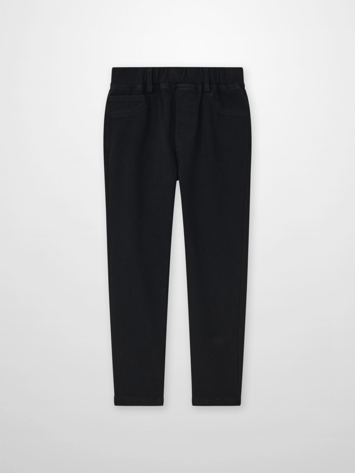 Adee Stretch Pants for boys in black with front pockets and an elastic waistband.