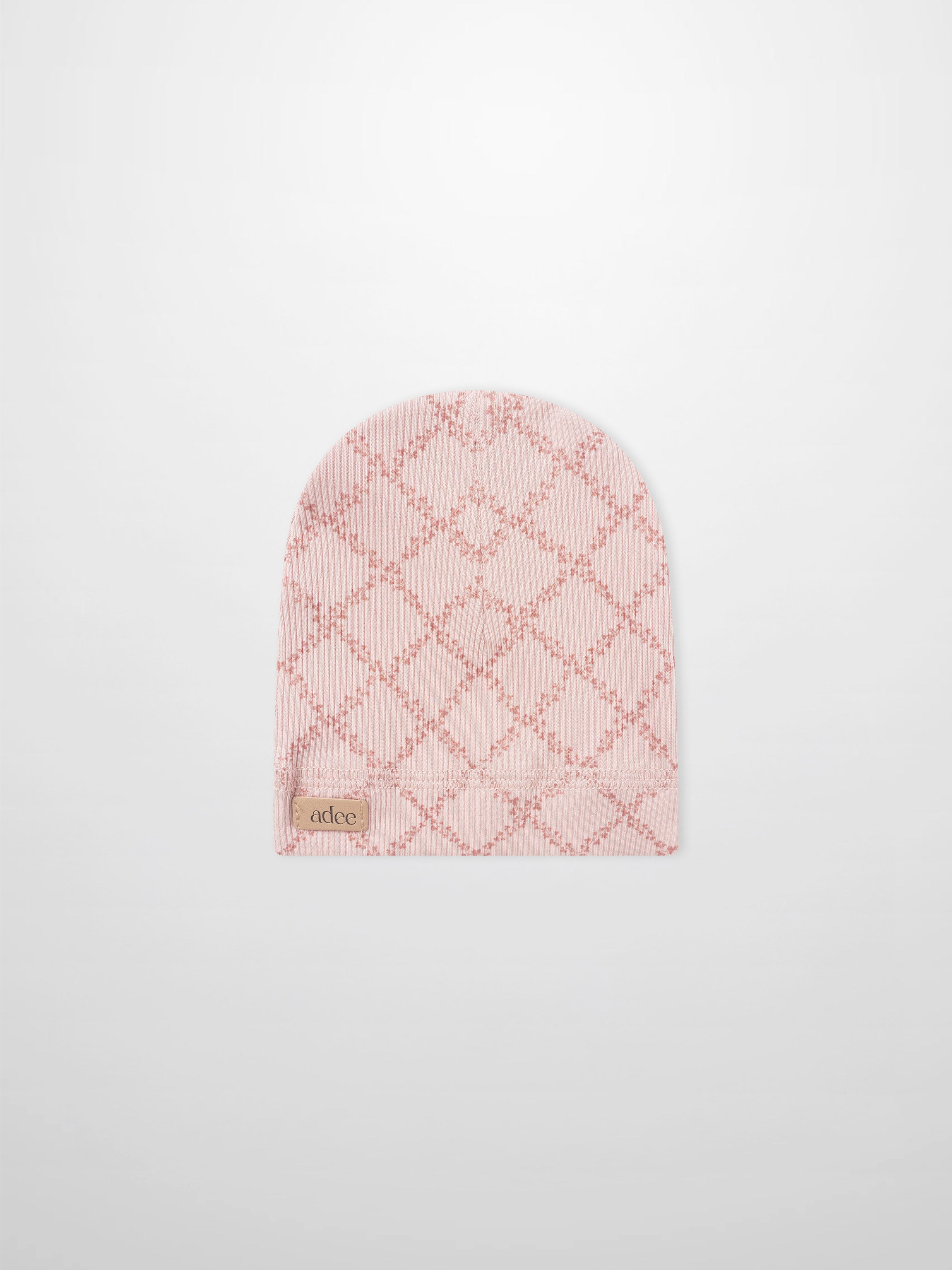 Pink Leaf Hat for girls by Adee, pink knit cap with diamond lattice pattern.