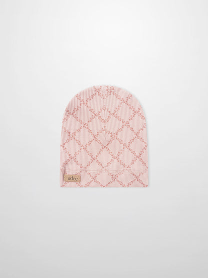 Pink Leaf Hat for girls by Adee, pink knit cap with diamond lattice pattern.