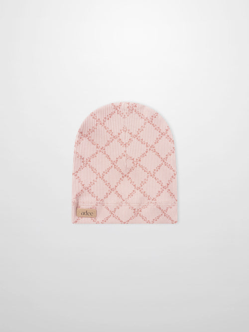 Pink Leaf Hat for girls by Adee, pink knit cap with diamond lattice pattern.