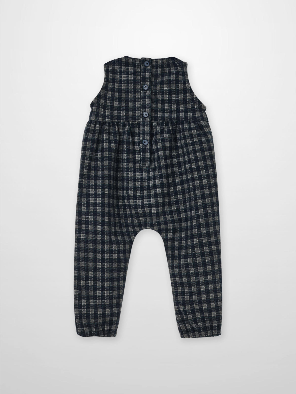 Plaid Overalls with Ruffles Navy by Adee; girls’ dressy apparel with back-button placket.