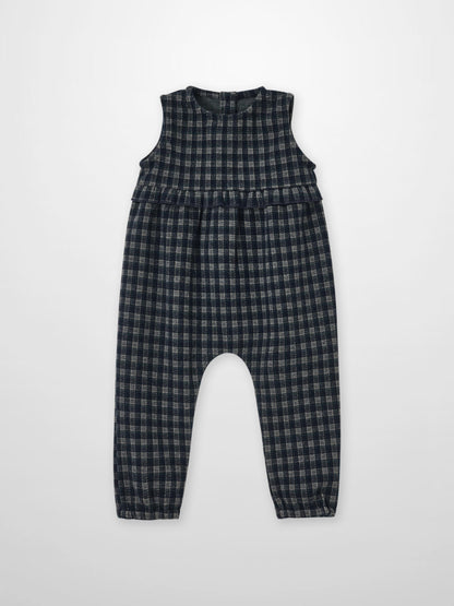 Plaid Navy Boys Dressy Overalls by Adee, sleeveless bib design in dark checkered fabric