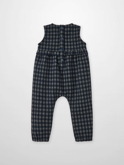 Adee Plaid Navy Boys Overalls - Dressy, sleeveless with button-front and ruffle detail