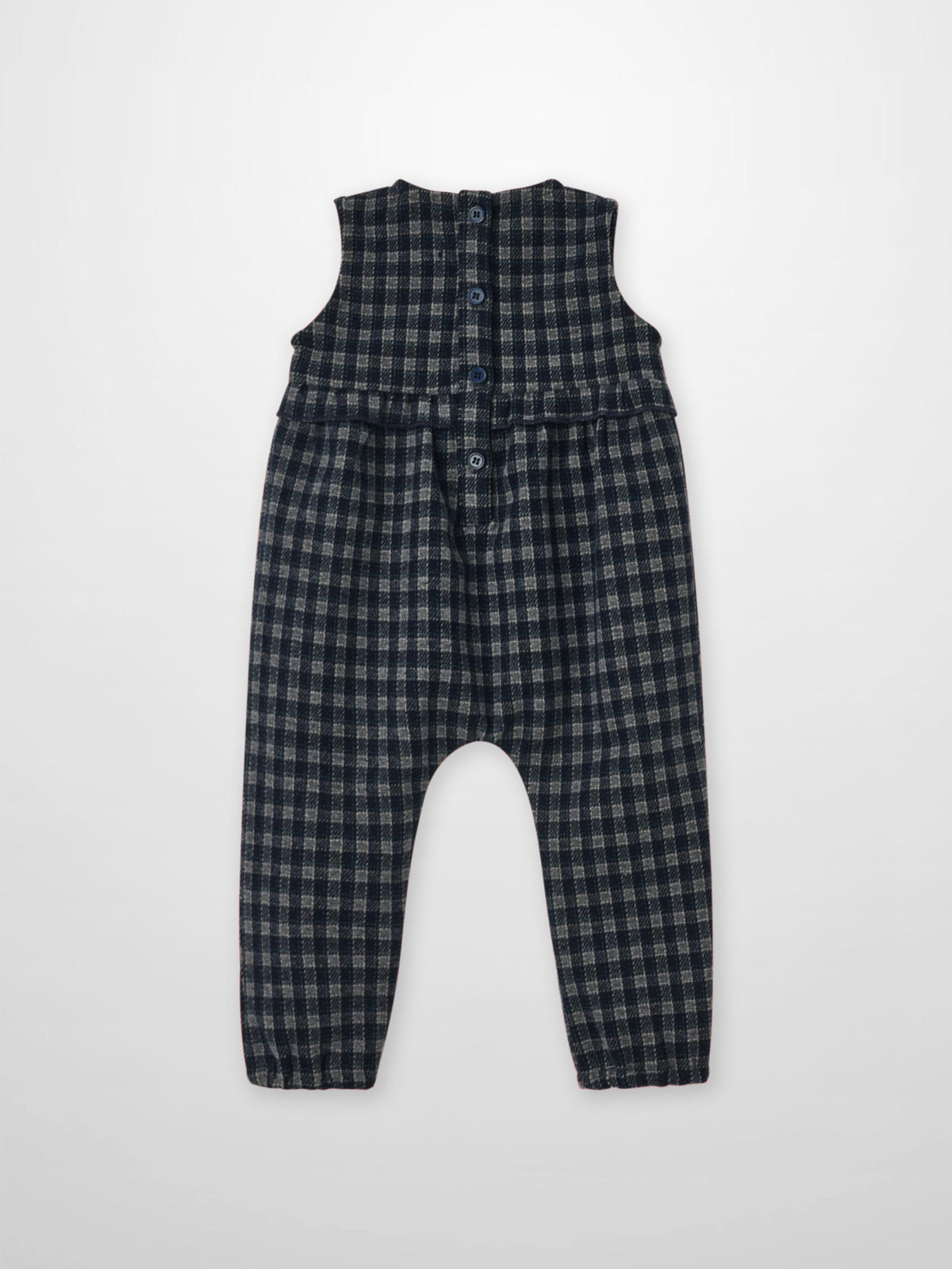 Plaid overalls with ruffles for girls by Adee, navy dressy apparel.