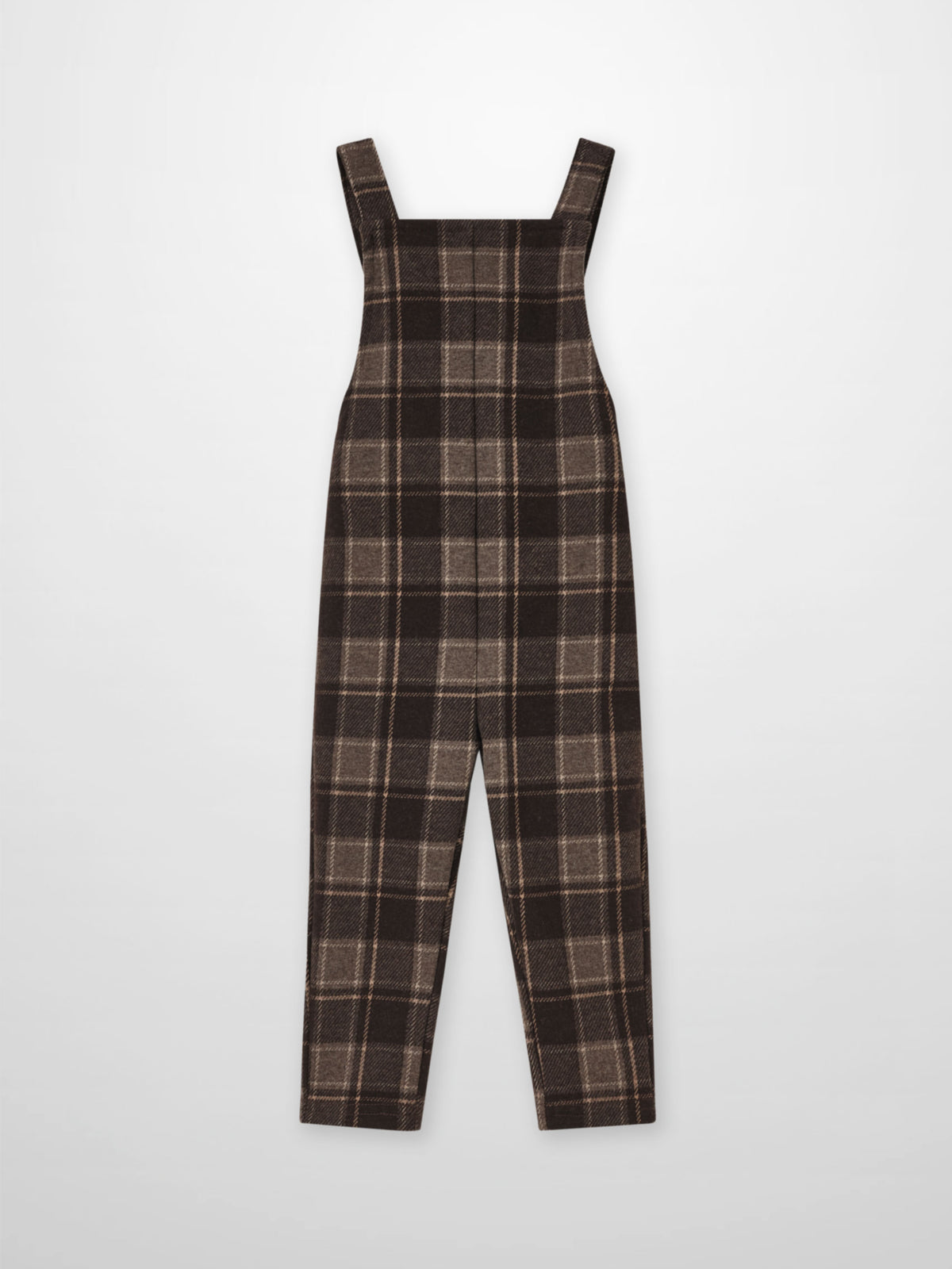 Plaid overalls for boys in brown with wide straps, dressy style.