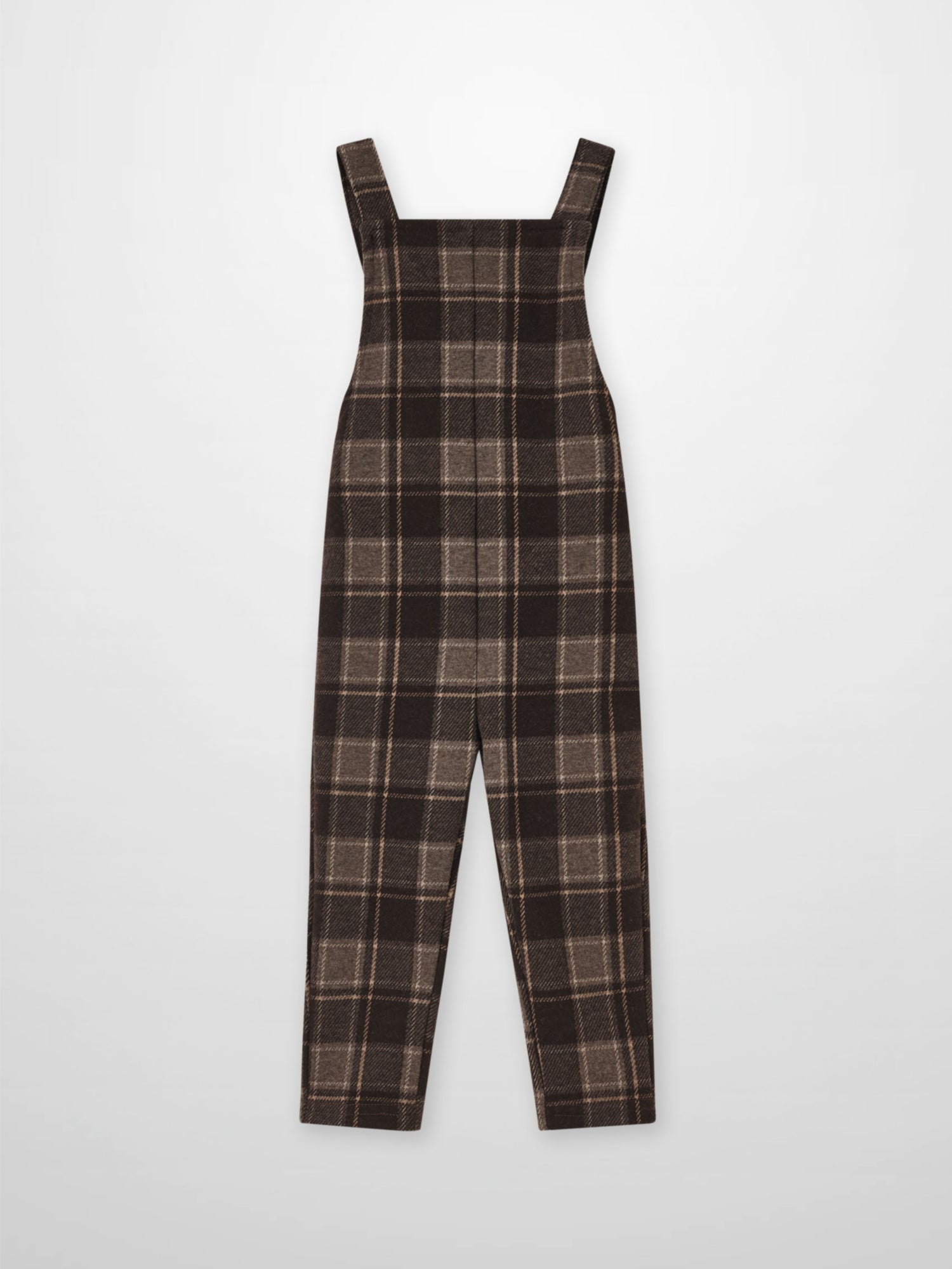 Plaid overalls for boys in brown with wide straps, dressy style.