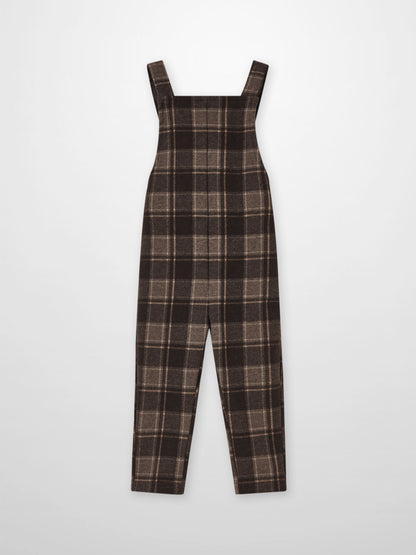 Plaid overalls for boys in brown with wide straps, dressy style.