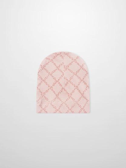 Adee pink leaf hat for girls, knitted beanie with diamond lattice pattern.