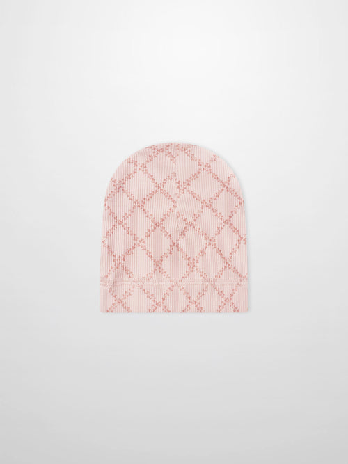 Adee pink leaf hat for girls, knitted beanie with diamond lattice pattern.