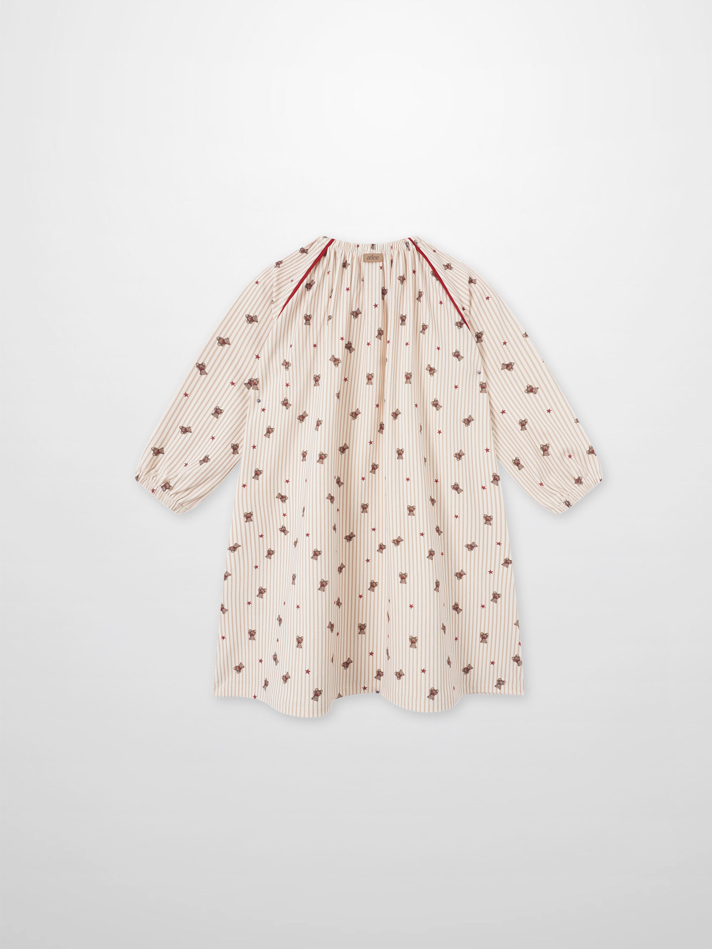 Striped Bear Nightgown - Red by Adee; girls pajamas with cream stripes, bear prints and red piping, long sleeves.