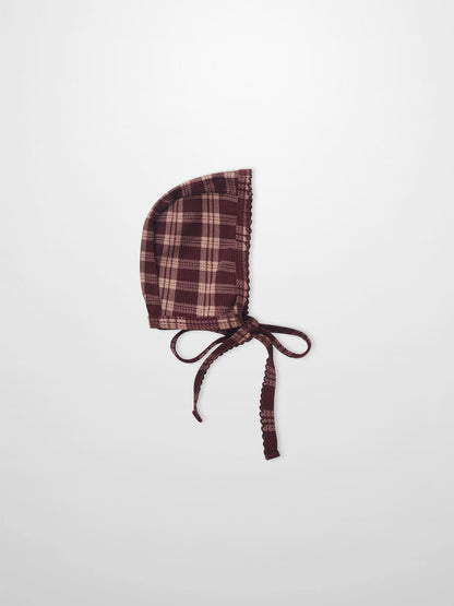 Adee Burgundy Plaid Bonnet for girls, plaid fabric with ties