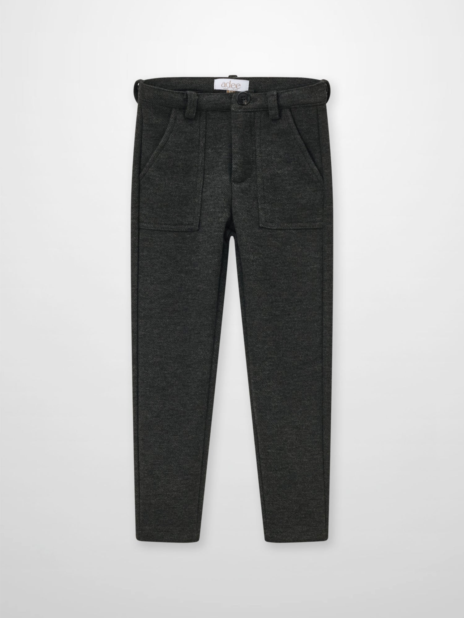 Dress pants for boys in heather grey, Adee brand with belt loops and front pockets.
