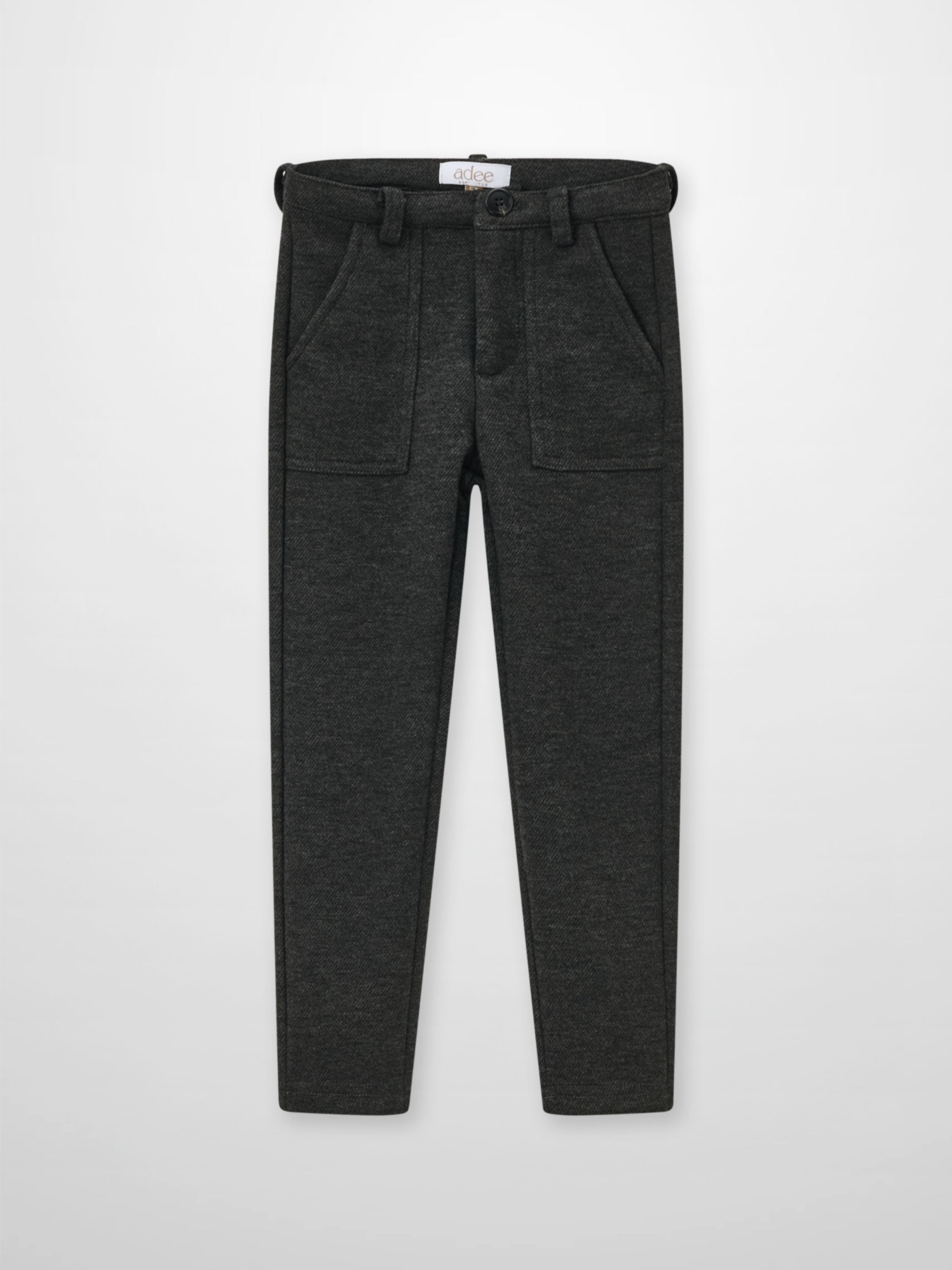 Dress pants for boys in heather grey, Adee brand with belt loops and front pockets.