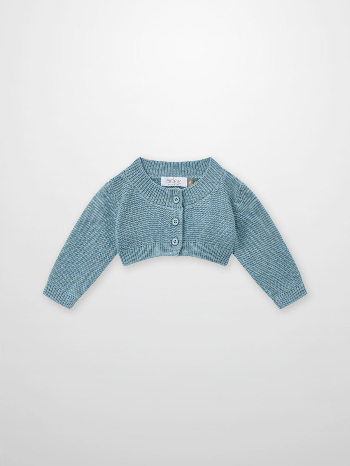 Adee cropped cardigan for boys in slate blue knit, button-front dressy top.