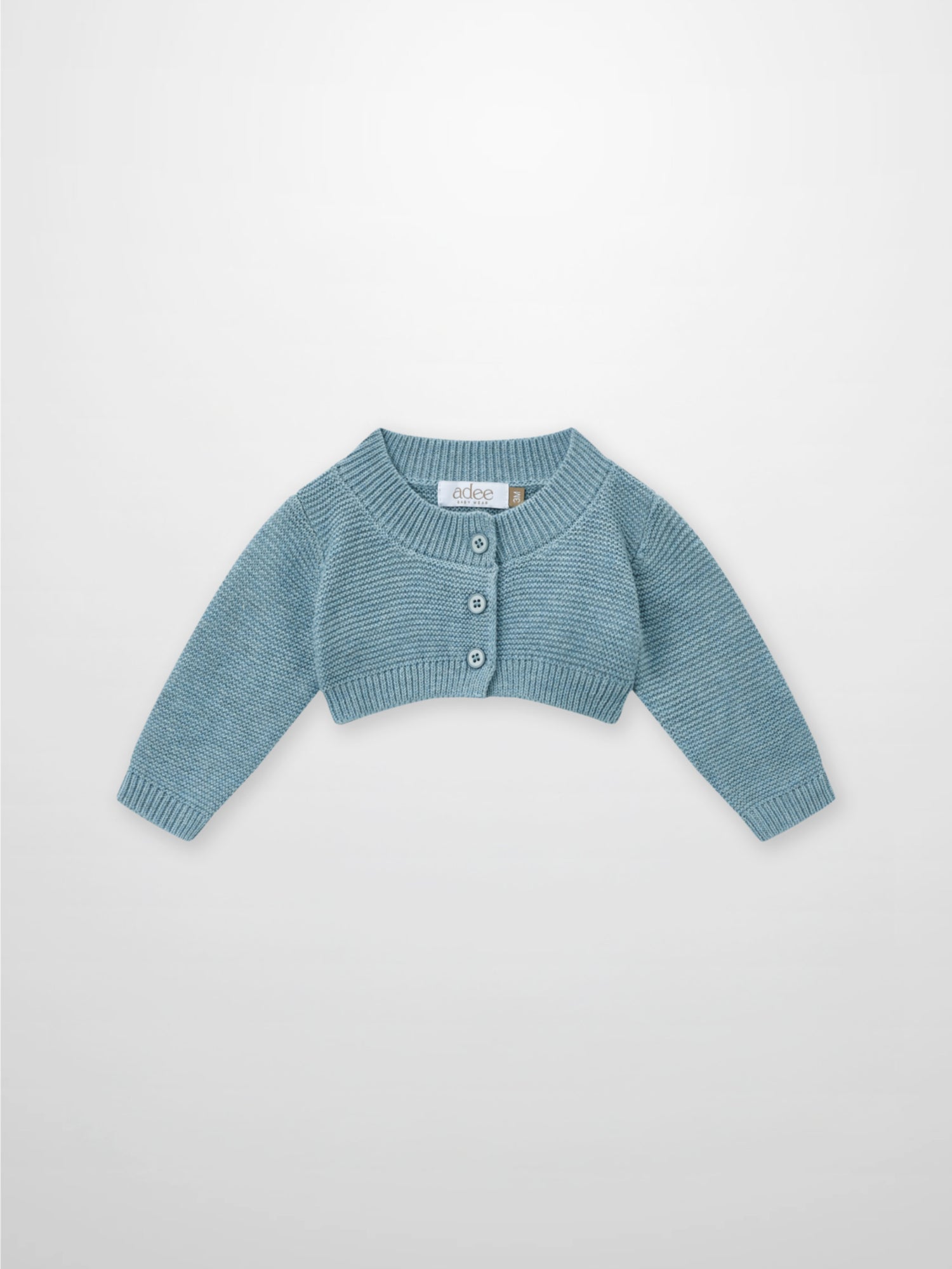 Adee cropped cardigan for boys in slate blue knit, button-front dressy top.