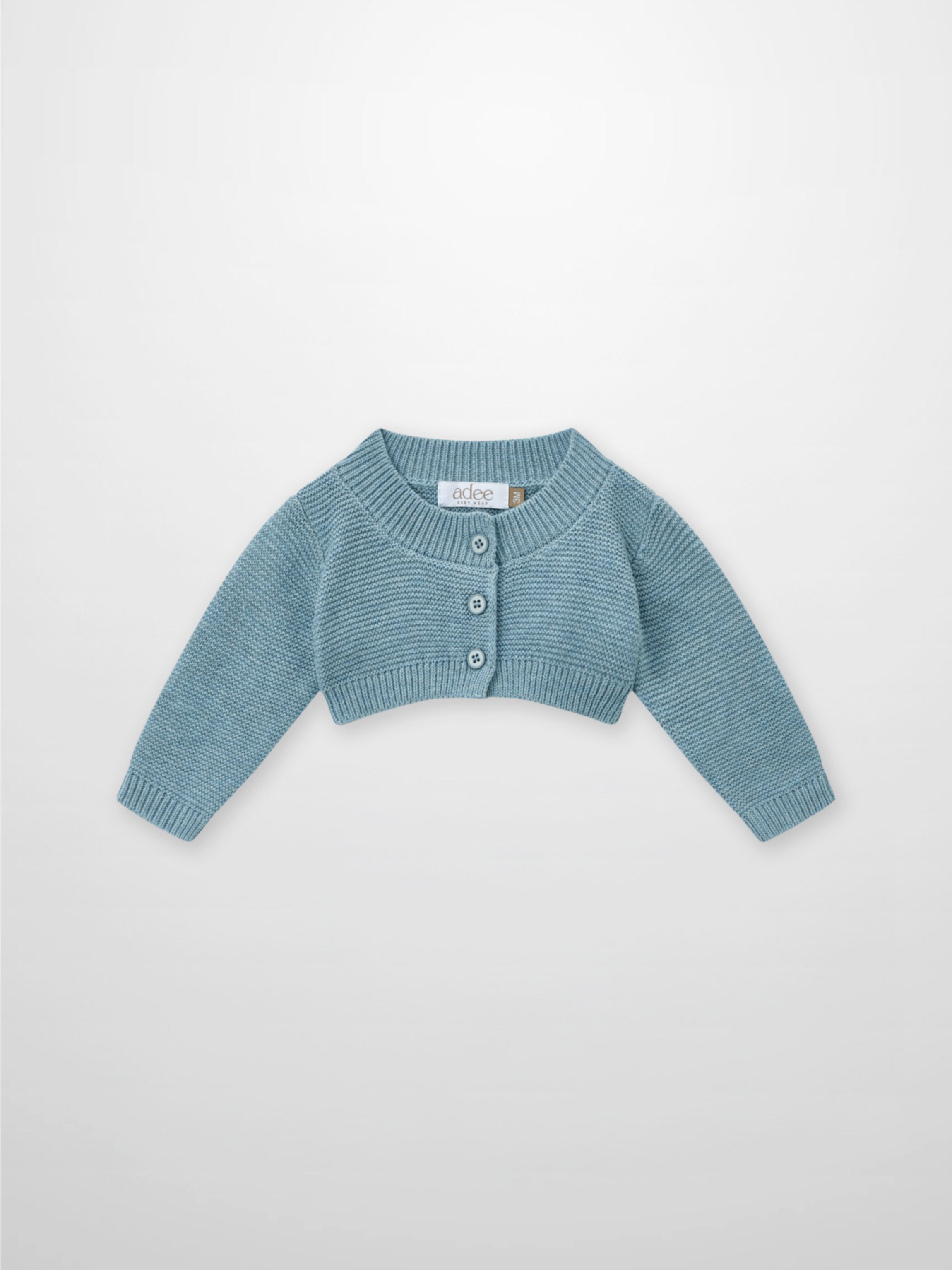 Adee cropped cardigan for boys in slate blue knit, button-front dressy top.