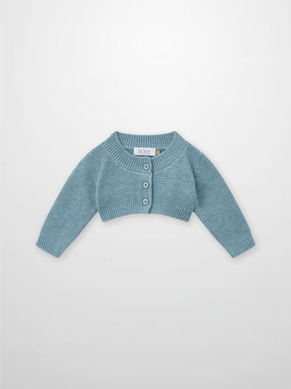 Adee cropped cardigan for boys in slate blue knit, button-front dressy top.