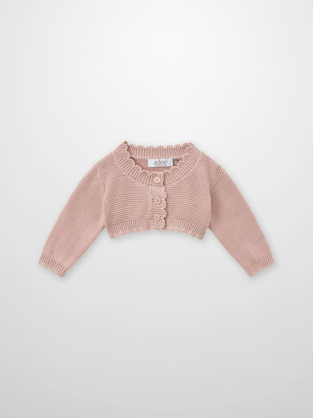 Cropped cardigan for girls, light pink knit with scalloped trim and button front by Adee.
