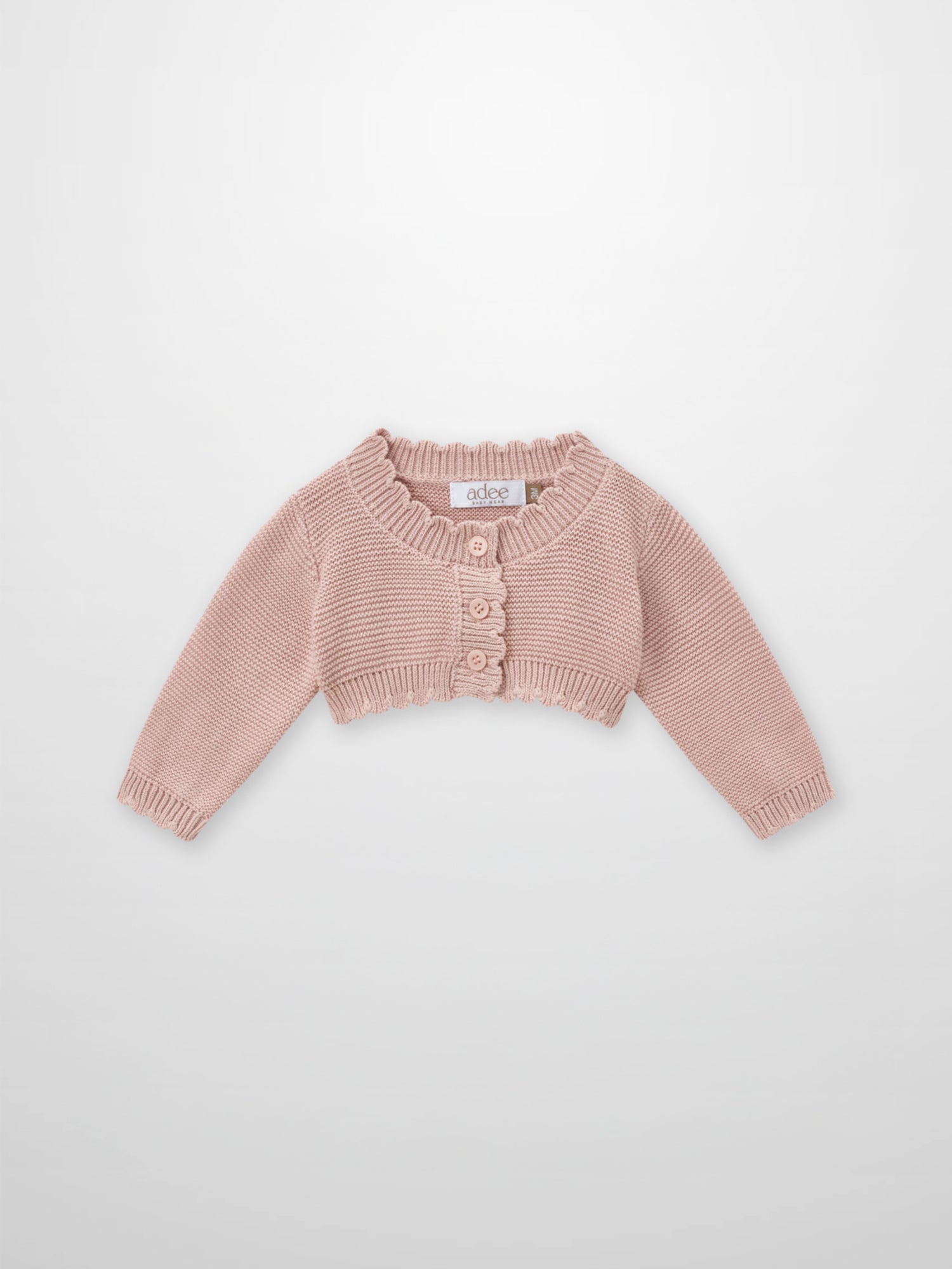 Cropped cardigan for girls, light pink knit with scalloped trim and button front by Adee.