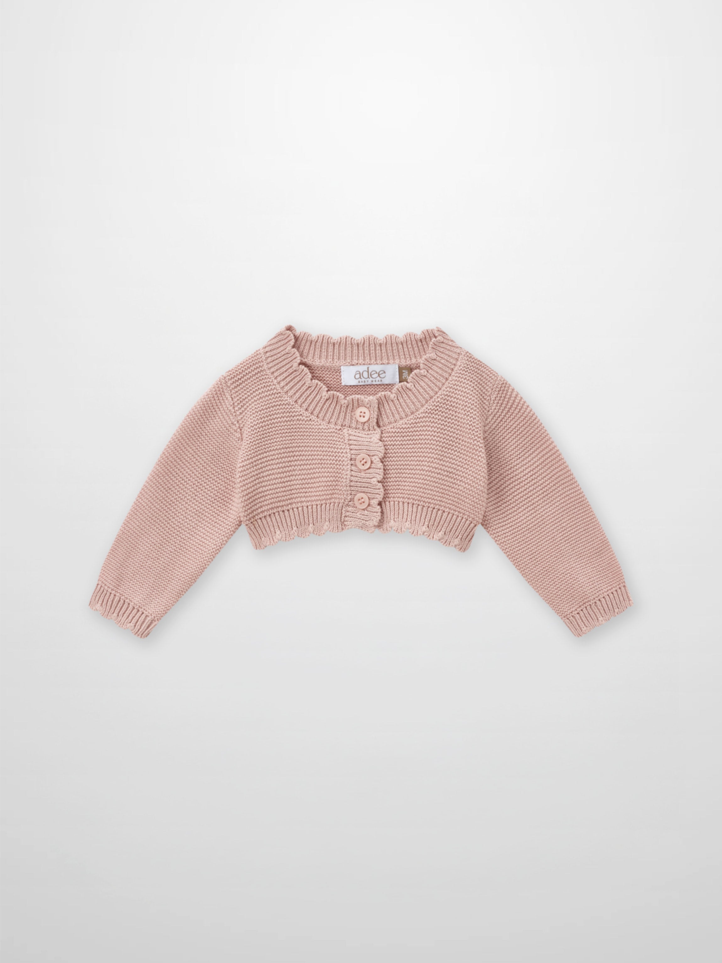 Cropped cardigan for girls, light pink knit with scalloped trim and button front by Adee.
