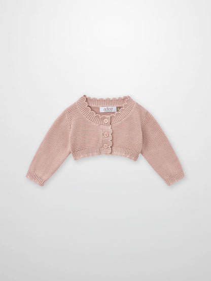 Cropped cardigan for girls, light pink knit with scalloped trim and button front by Adee.