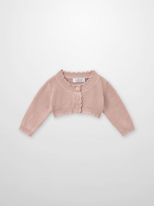 Cropped cardigan for girls, light pink knit with scalloped trim and button front by Adee.