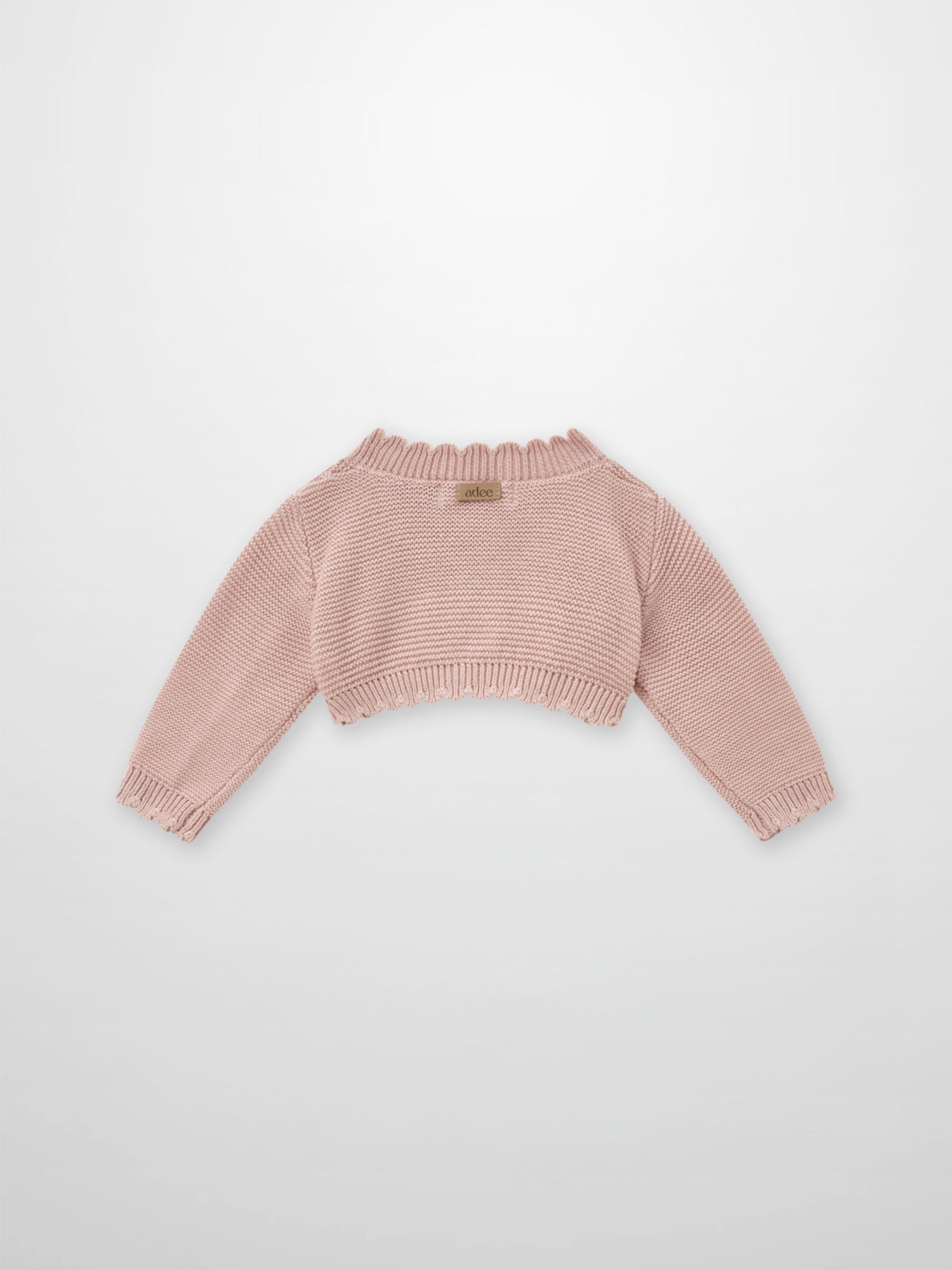 Adee cropped cardigan with scalloped trim in light pink, girls dressy top.