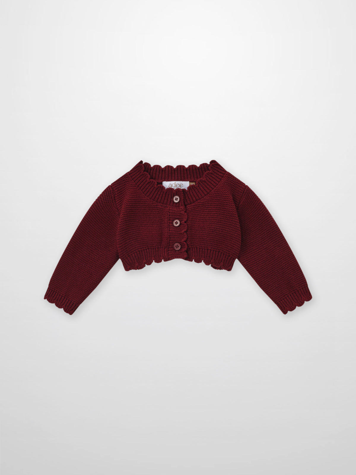 Adee cropped burgundy cardigan, unisex dressy knit with ribbed collar and button placket.