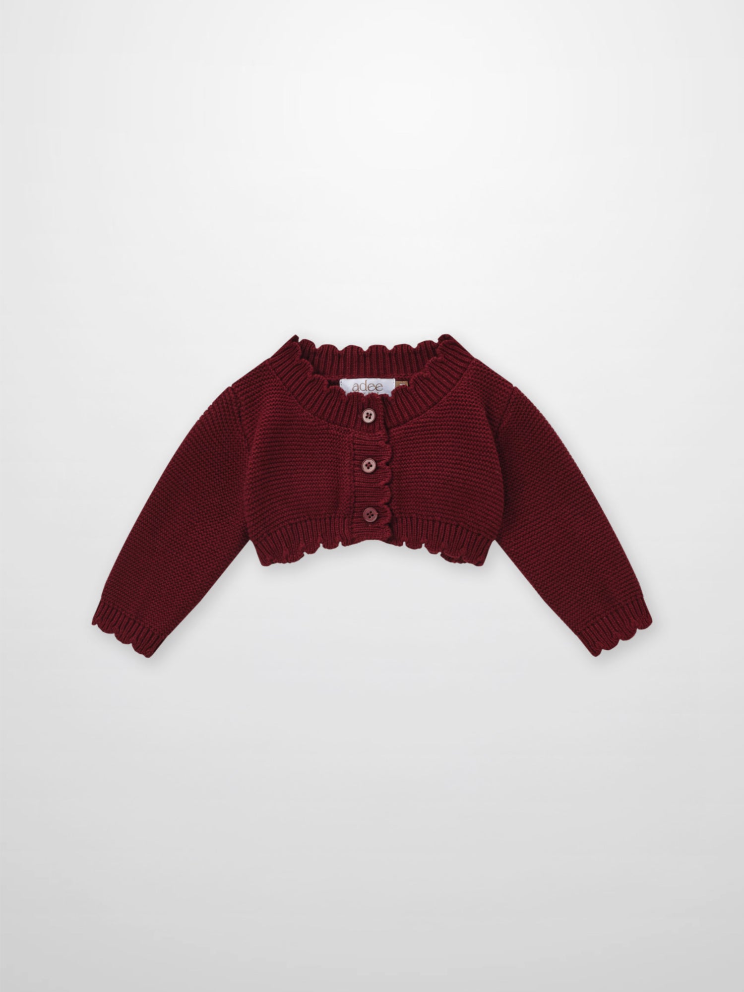 Adee cropped burgundy cardigan, unisex dressy knit with ribbed collar and button placket.