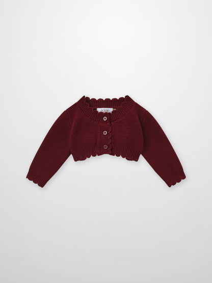 Adee cropped burgundy cardigan, unisex dressy knit with ribbed collar and button placket.