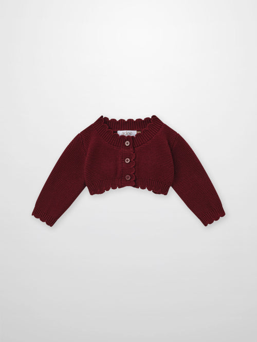 Adee cropped burgundy cardigan, unisex dressy knit with ribbed collar and button placket.