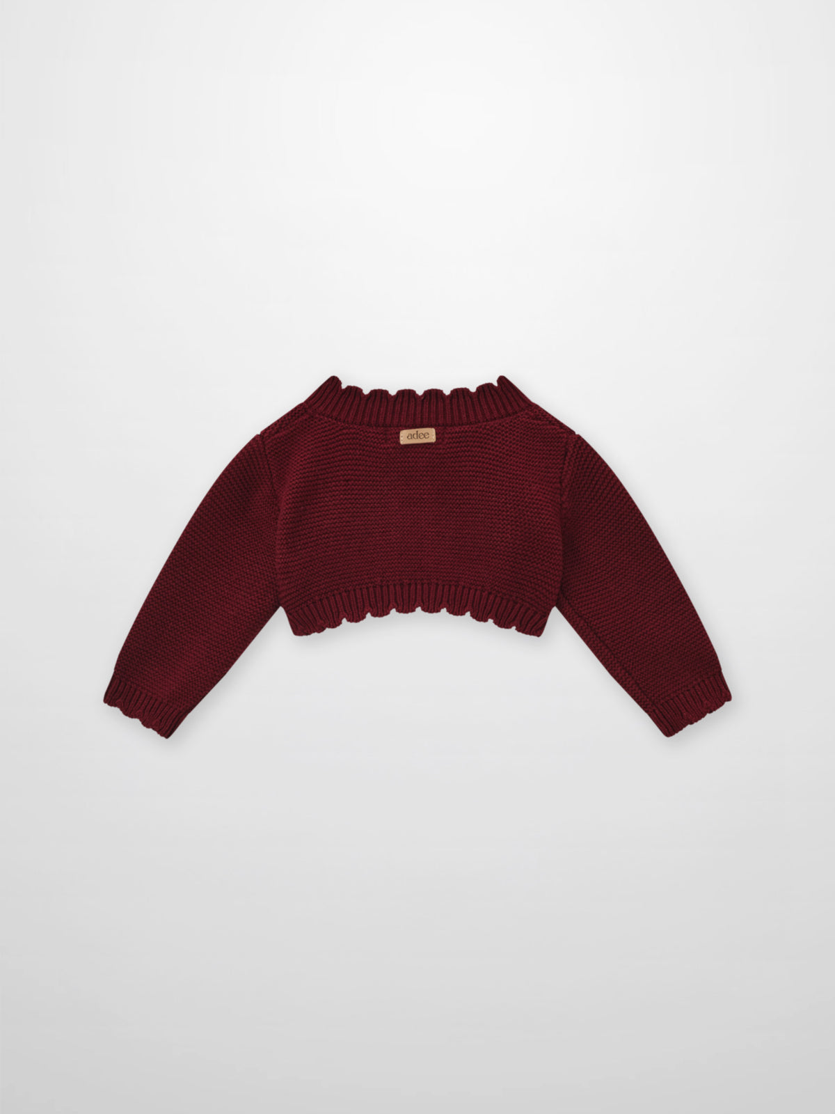 Cropped cardigan burgundy by Adee; unisex dressy knit top with ribbed cuffs and hem.