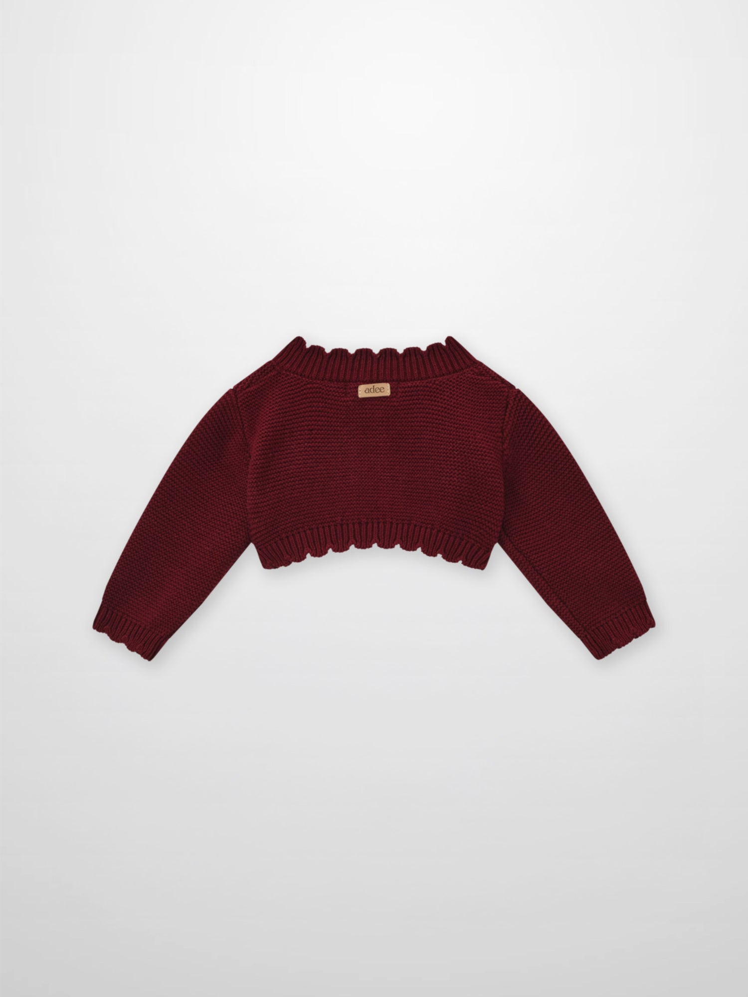 Cropped cardigan burgundy by Adee; unisex dressy knit top with ribbed cuffs and hem.