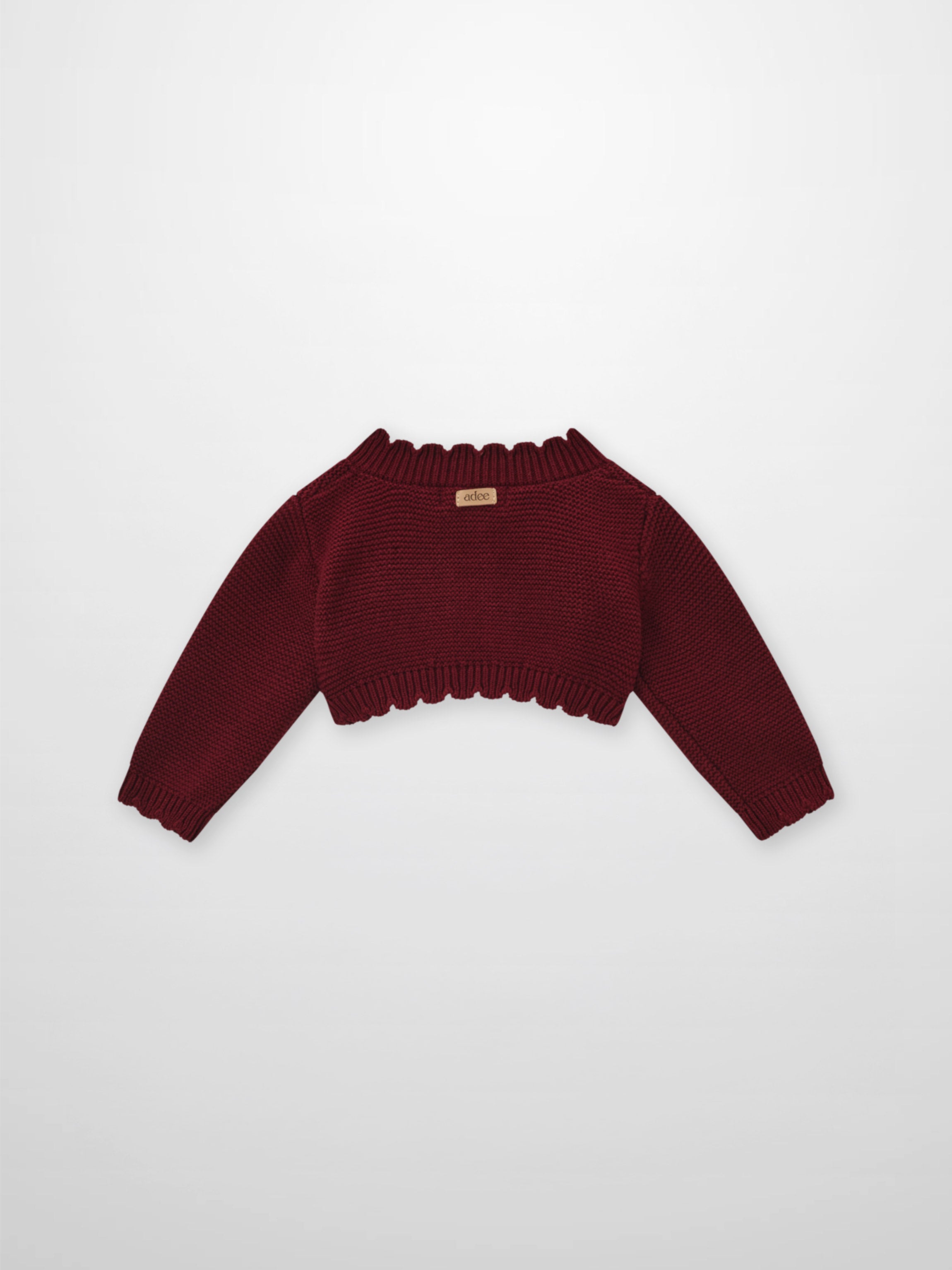 Cropped cardigan burgundy by Adee; unisex dressy knit top with ribbed cuffs and hem.